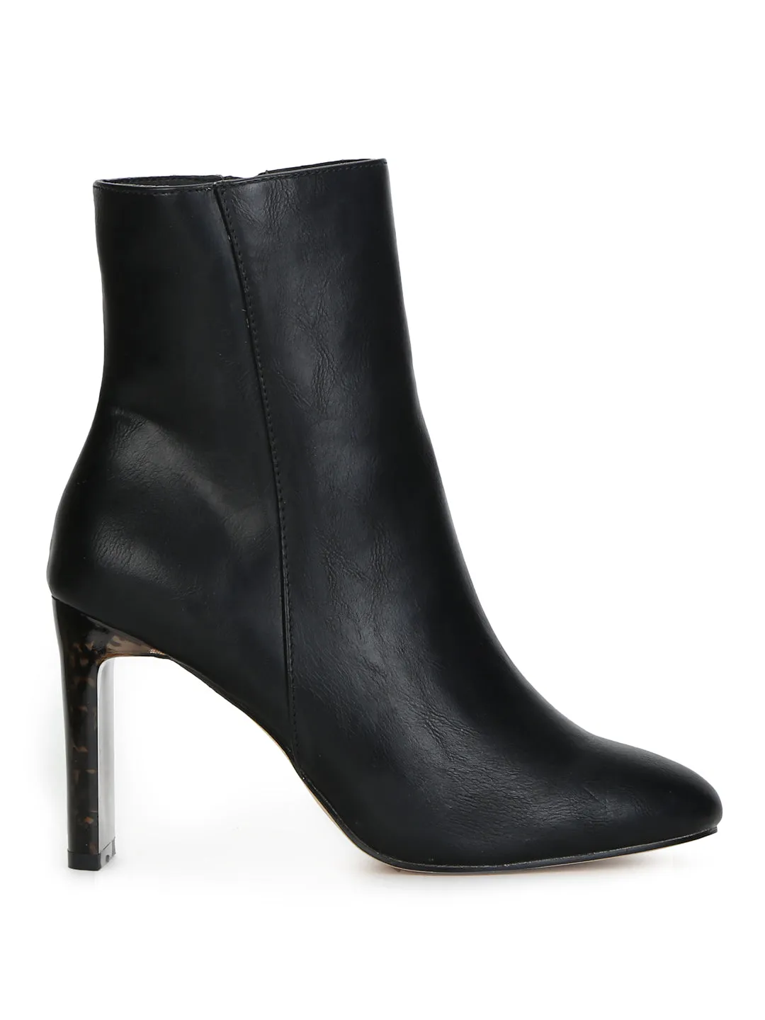 Black PU Patterned Slim Block Heel Ankle Length Boots