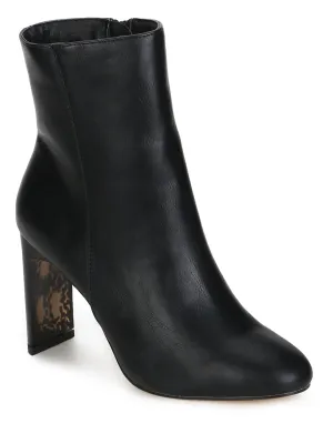Black PU Patterned Slim Block Heel Ankle Length Boots