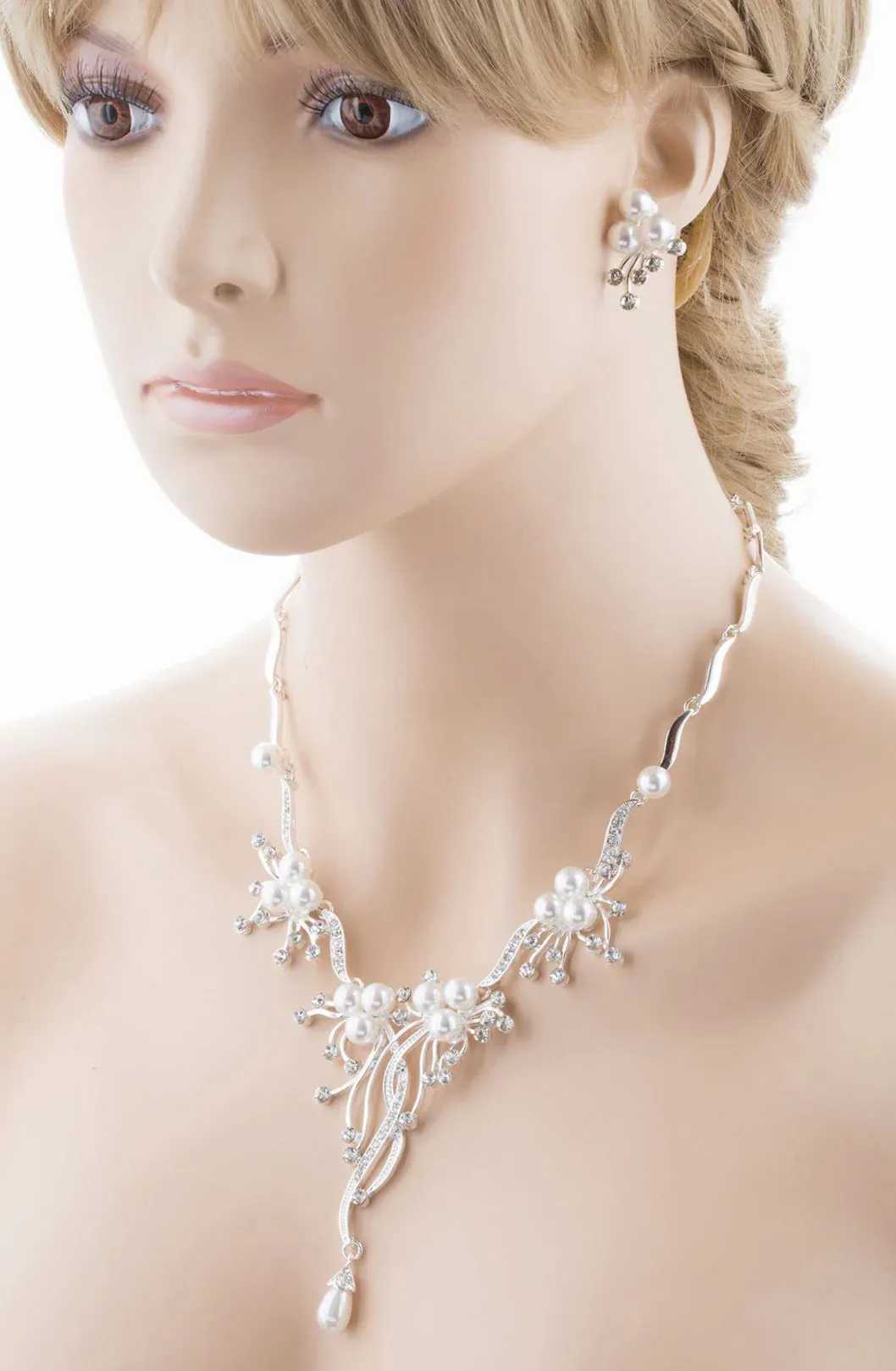 Bridal Wedding Jewelry Set Crystal Rhinestone Pearl Floral Vine Design Necklace