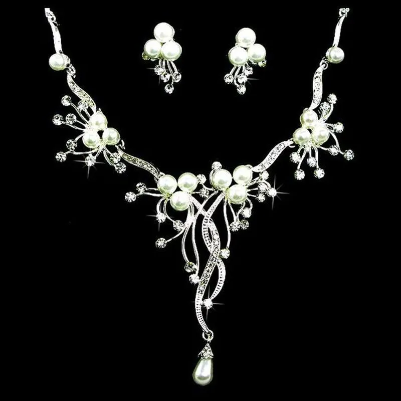 Bridal Wedding Jewelry Set Crystal Rhinestone Pearl Floral Vine Design Necklace