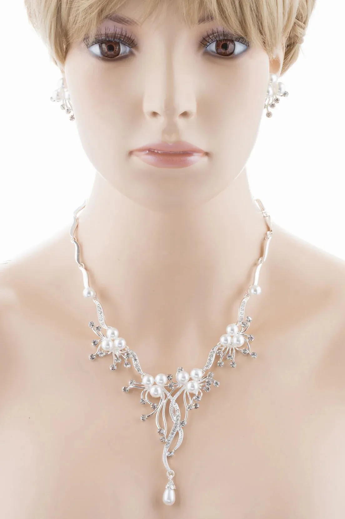 Bridal Wedding Jewelry Set Crystal Rhinestone Pearl Floral Vine Design Necklace