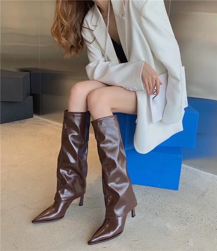 creamtopmall Women's Stylish Fold Over Boots, Fall Winter Spring Stiletto Heel Boots, Pointed Toe Black Leather Boots, Knee High Boots, Size 35 to 40