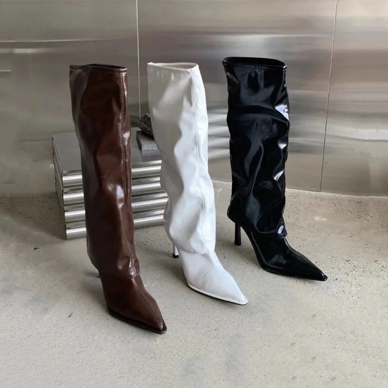 creamtopmall Women's Stylish Fold Over Boots, Fall Winter Spring Stiletto Heel Boots, Pointed Toe Black Leather Boots, Knee High Boots, Size 35 to 40