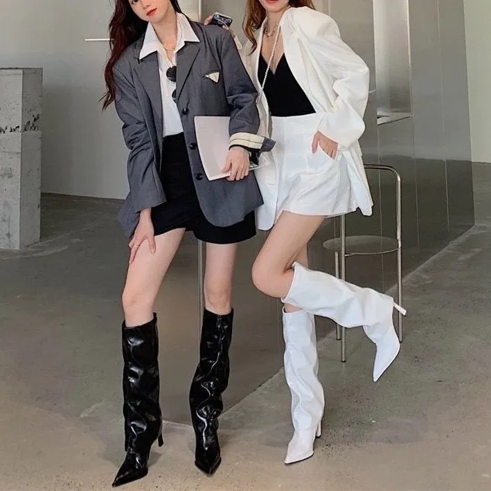 creamtopmall Women's Stylish Fold Over Boots, Fall Winter Spring Stiletto Heel Boots, Pointed Toe Black Leather Boots, Knee High Boots, Size 35 to 40