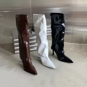 creamtopmall Women's Stylish Fold Over Boots, Fall Winter Spring Stiletto Heel Boots, Pointed Toe Black Leather Boots, Knee High Boots, Size 35 to 40