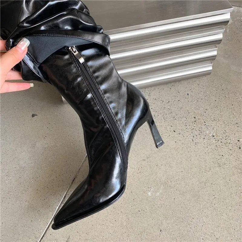 creamtopmall Women's Stylish Fold Over Boots, Fall Winter Spring Stiletto Heel Boots, Pointed Toe Black Leather Boots, Knee High Boots, Size 35 to 40