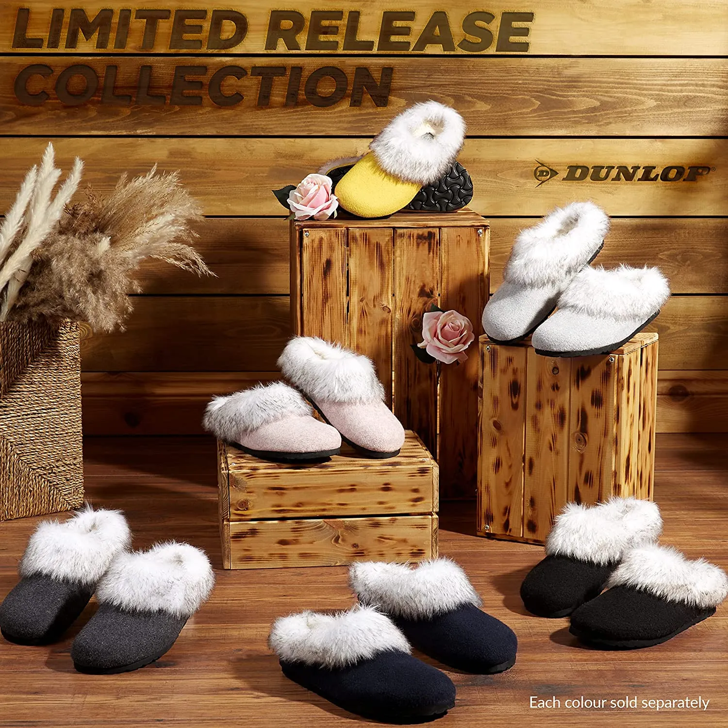 Dunlop Ladies Slippers, Fluffy Slippers Women Faux Fur, House Shoes Indoor Outdoor