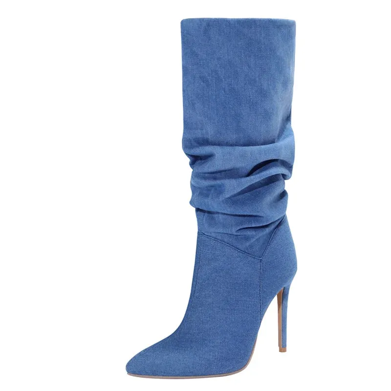 Fashion Design Pleated Denim Knee High Boots Women
