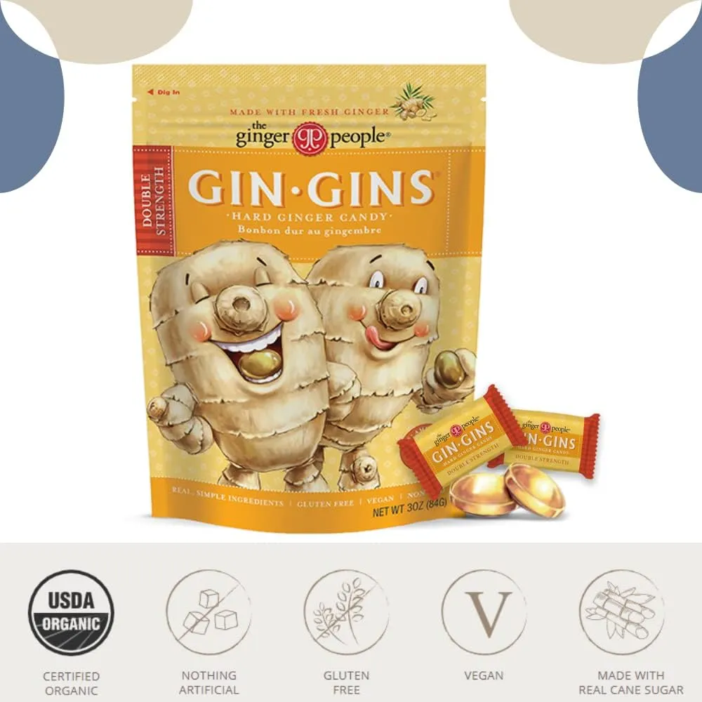 Gin Gins Ginger Candy Variety Pack of 2 Bundle - 1 of each flavor (Gin Gins Super Strength Ginger Candy, Gin Gins Double Strength Hard Ginger Candy) Organic, Vegan, Gluten Free Ginger Chews Candy