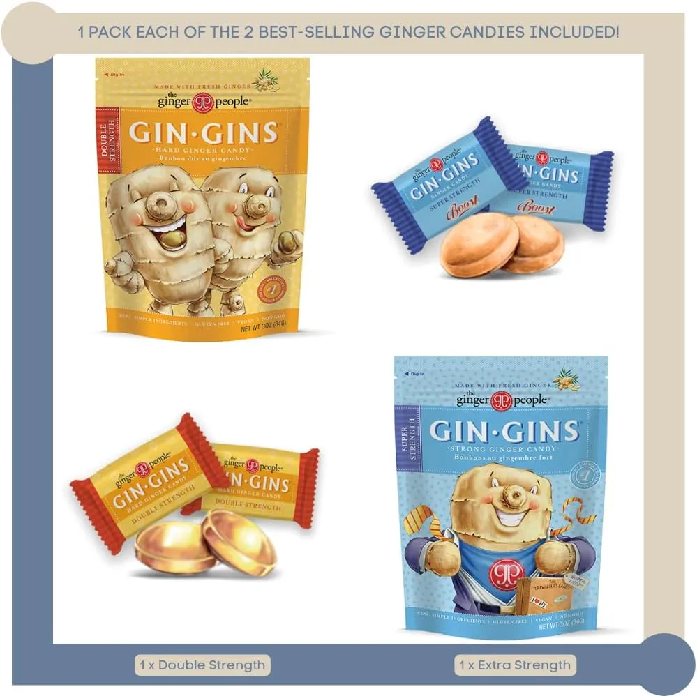 Gin Gins Ginger Candy Variety Pack of 2 Bundle - 1 of each flavor (Gin Gins Super Strength Ginger Candy, Gin Gins Double Strength Hard Ginger Candy) Organic, Vegan, Gluten Free Ginger Chews Candy