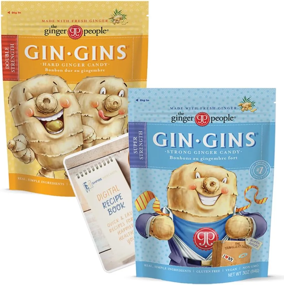 Gin Gins Ginger Candy Variety Pack of 2 Bundle - 1 of each flavor (Gin Gins Super Strength Ginger Candy, Gin Gins Double Strength Hard Ginger Candy) Organic, Vegan, Gluten Free Ginger Chews Candy