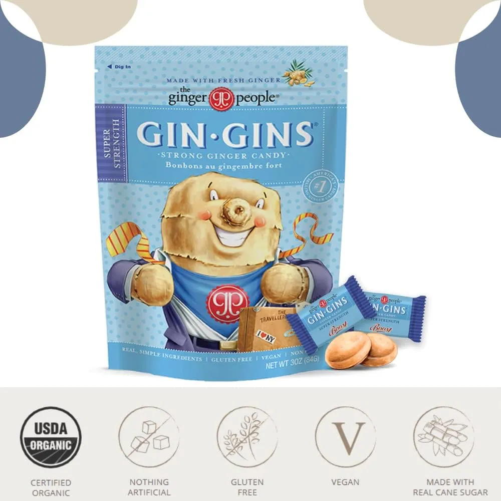 Gin Gins Ginger Candy Variety Pack of 2 Bundle - 1 of each flavor (Gin Gins Super Strength Ginger Candy, Gin Gins Double Strength Hard Ginger Candy) Organic, Vegan, Gluten Free Ginger Chews Candy