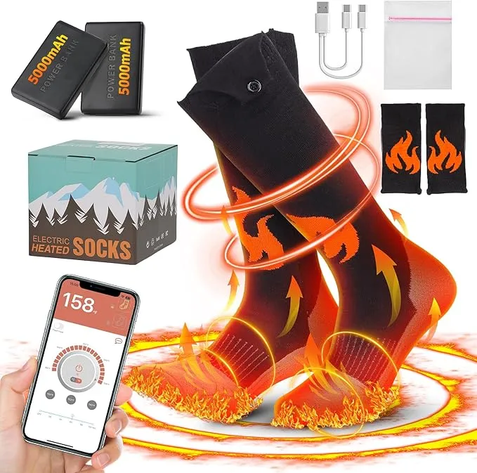 Heated Socks Women Rechargeable Washable with 2 Pack 5000 mAh Batteries, App Control Electric Foot Warmers for Men Rechargeable with 5 Temperature 5 Timer Gear Battery Heated Socks to 11 Hours