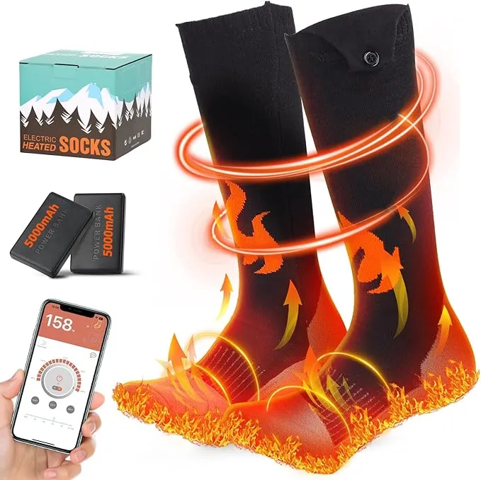 Heated Socks Women Rechargeable Washable with 2 Pack 5000 mAh Batteries, App Control Electric Foot Warmers for Men Rechargeable with 5 Temperature 5 Timer Gear Battery Heated Socks to 11 Hours