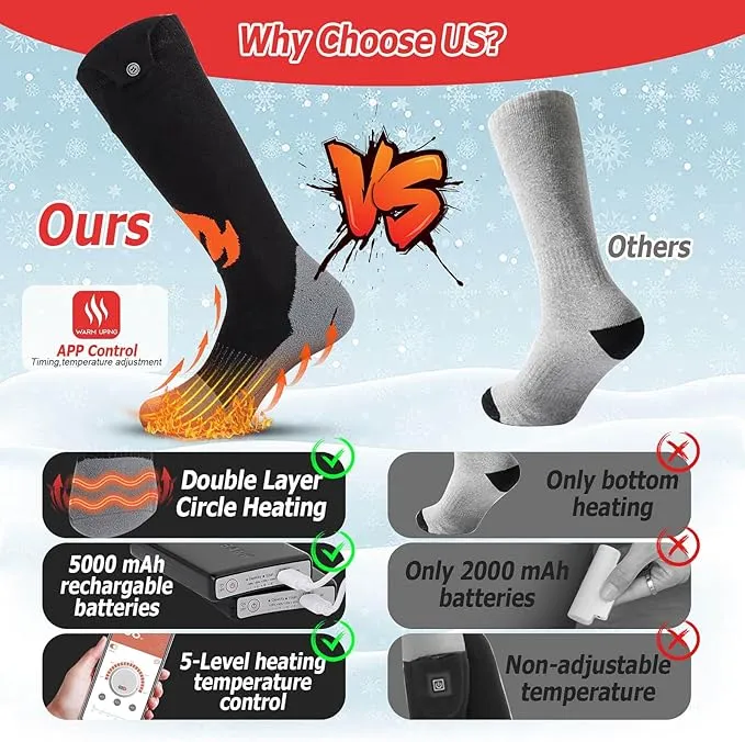 Heated Socks Women Rechargeable Washable with 2 Pack 5000 mAh Batteries, App Control Electric Foot Warmers for Men Rechargeable with 5 Temperature 5 Timer Gear Battery Heated Socks to 11 Hours