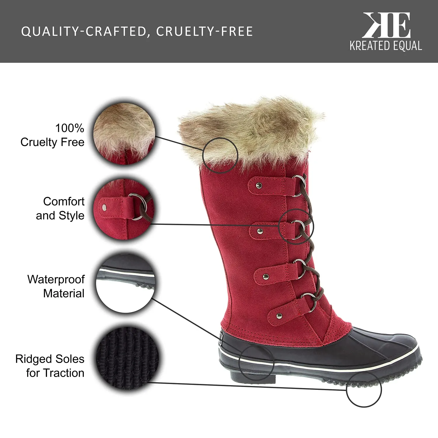 Kreated Equal Faux Fur Women's Tall Arctic Winter Boots, Cruelty Free, Lightweight - 9M - Brown