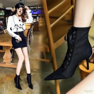 Maramalive™ New Fashion Punk Women Ankle Boots Cross Straps Lace Up Pointed Toe High Heel Winter Black Chelsea Pumps  Suede Short Boots