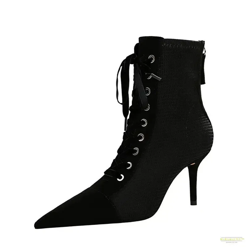 Maramalive™ New Fashion Punk Women Ankle Boots Cross Straps Lace Up Pointed Toe High Heel Winter Black Chelsea Pumps  Suede Short Boots