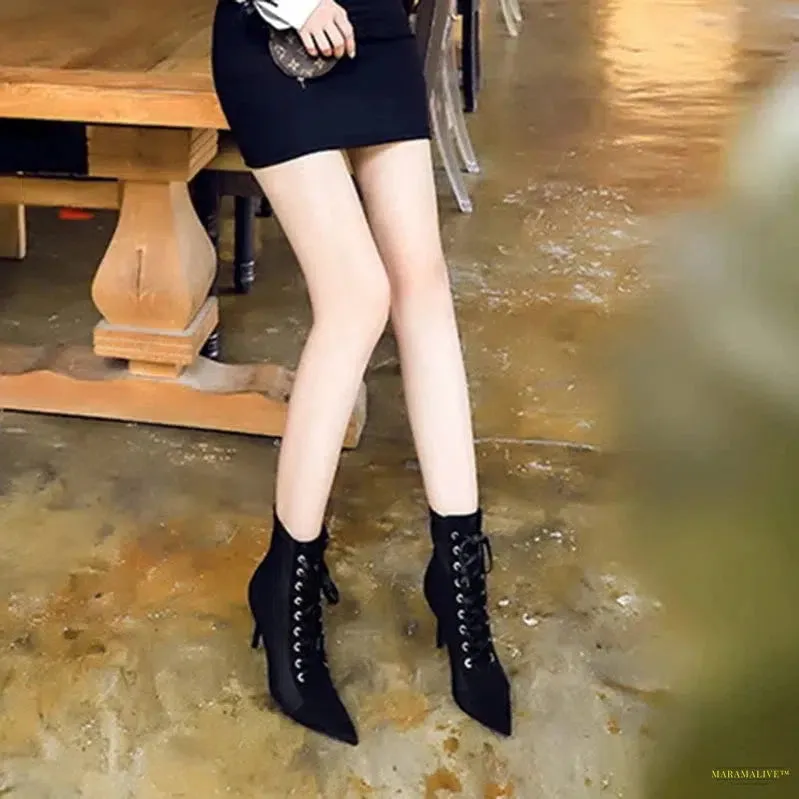 Maramalive™ New Fashion Punk Women Ankle Boots Cross Straps Lace Up Pointed Toe High Heel Winter Black Chelsea Pumps  Suede Short Boots