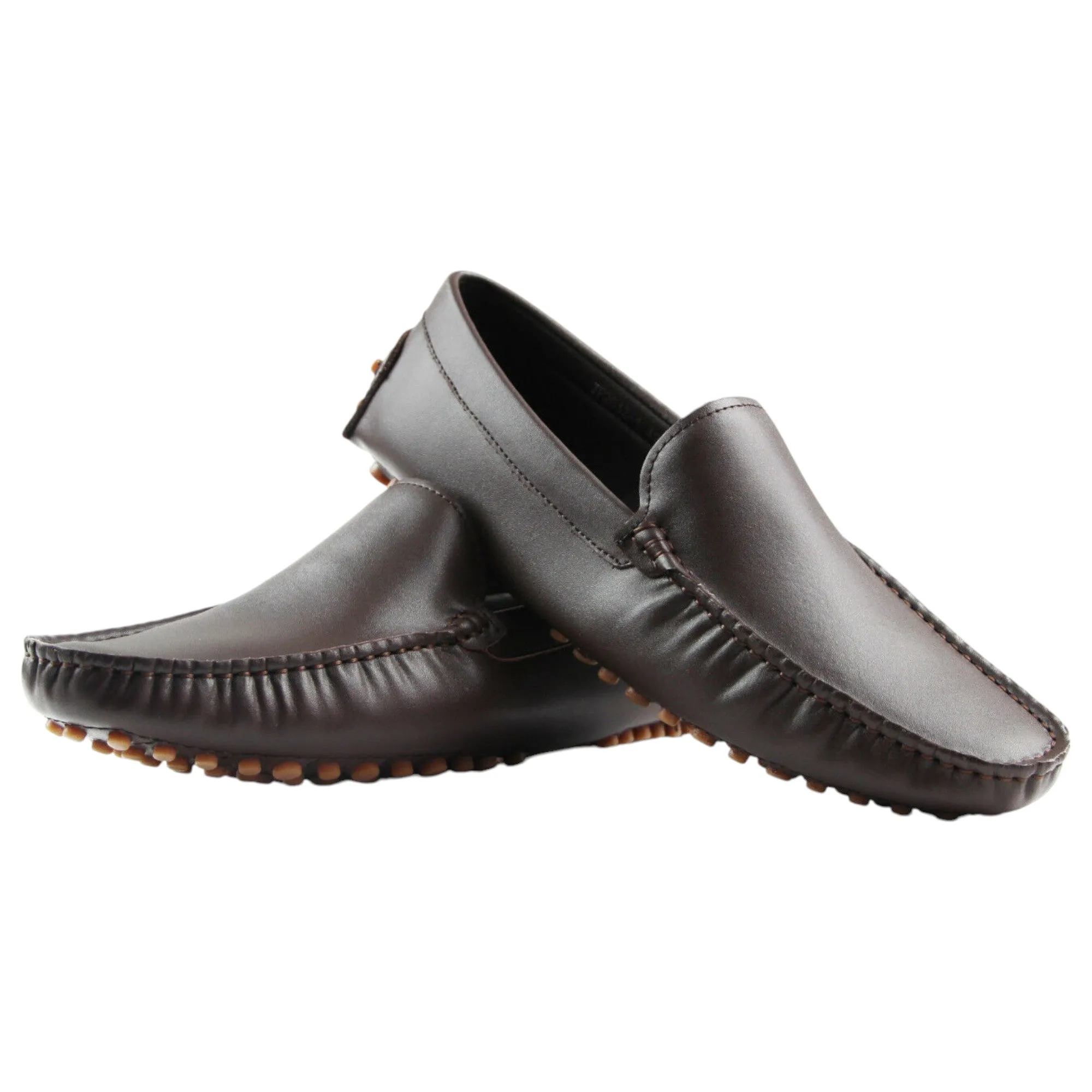 Mens Zasel Summer Leather Shoes Dark Brown Casual Slip On Boat Deck Loafers