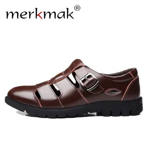 Merkmak Men Sandals Genuine Leather Sandals Men Breathable Outdoor Casual Male Beach Shoes Man Flat Big Size 38-47 Drop Shipping