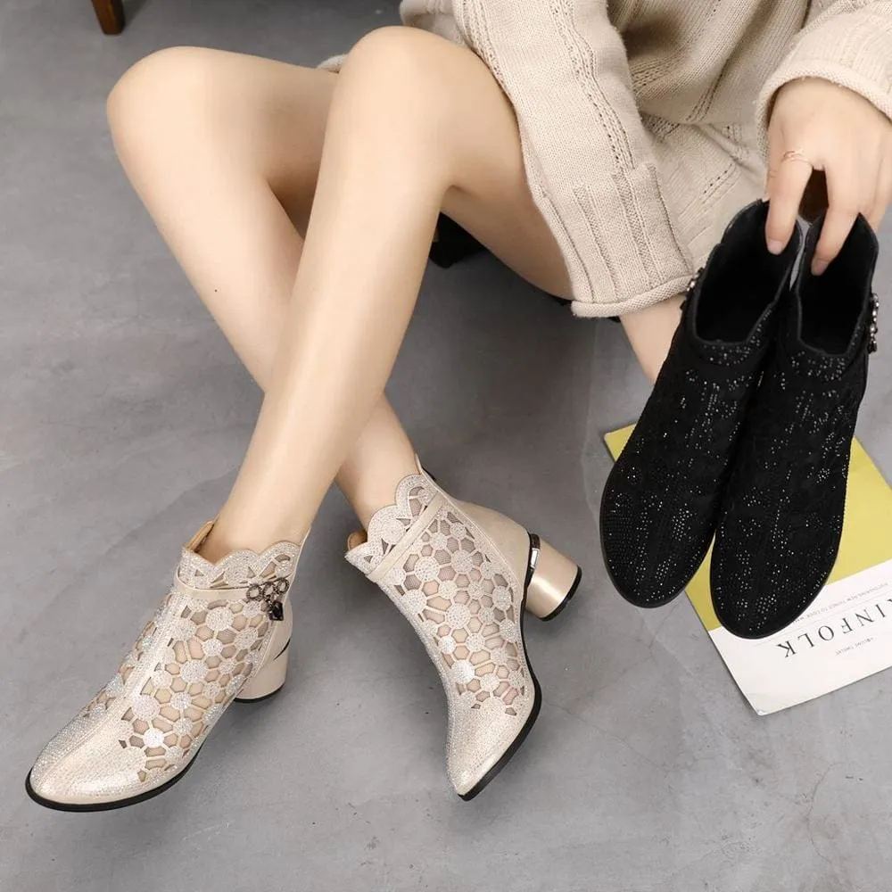 New Fashion Rhinestones Gauze Thick Heels Mesh Boots