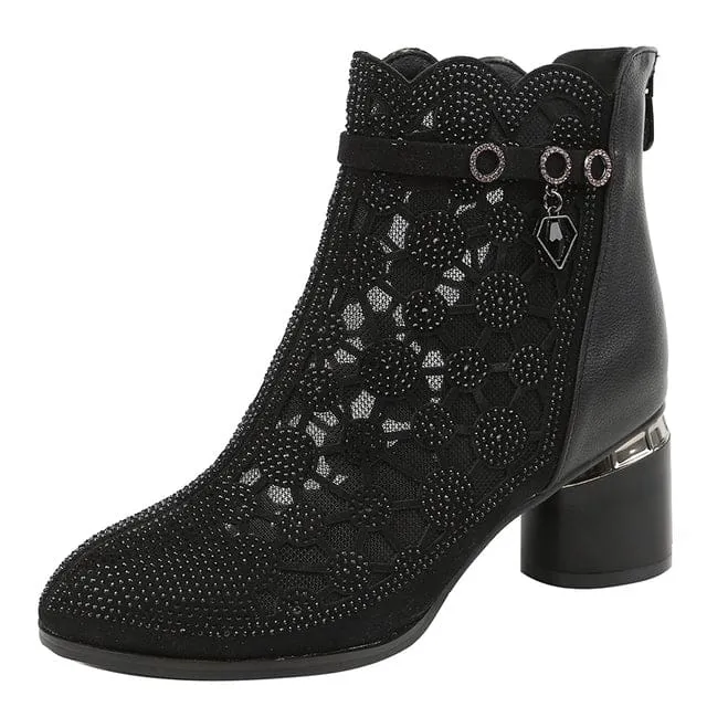 New Fashion Rhinestones Gauze Thick Heels Mesh Boots