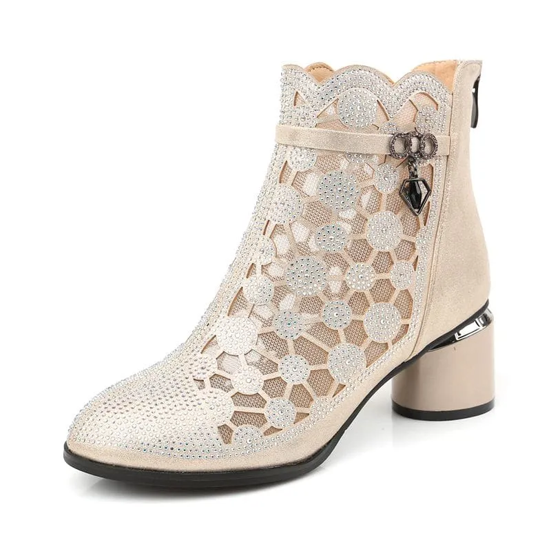 New Fashion Rhinestones Gauze Thick Heels Mesh Boots