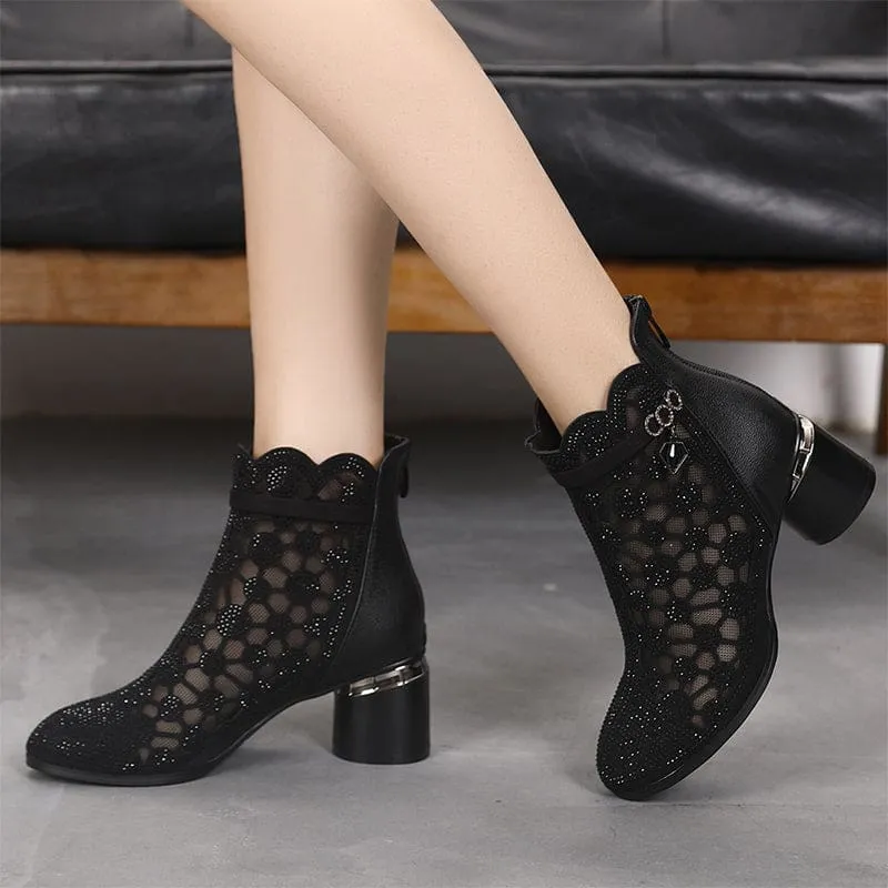 New Fashion Rhinestones Gauze Thick Heels Mesh Boots