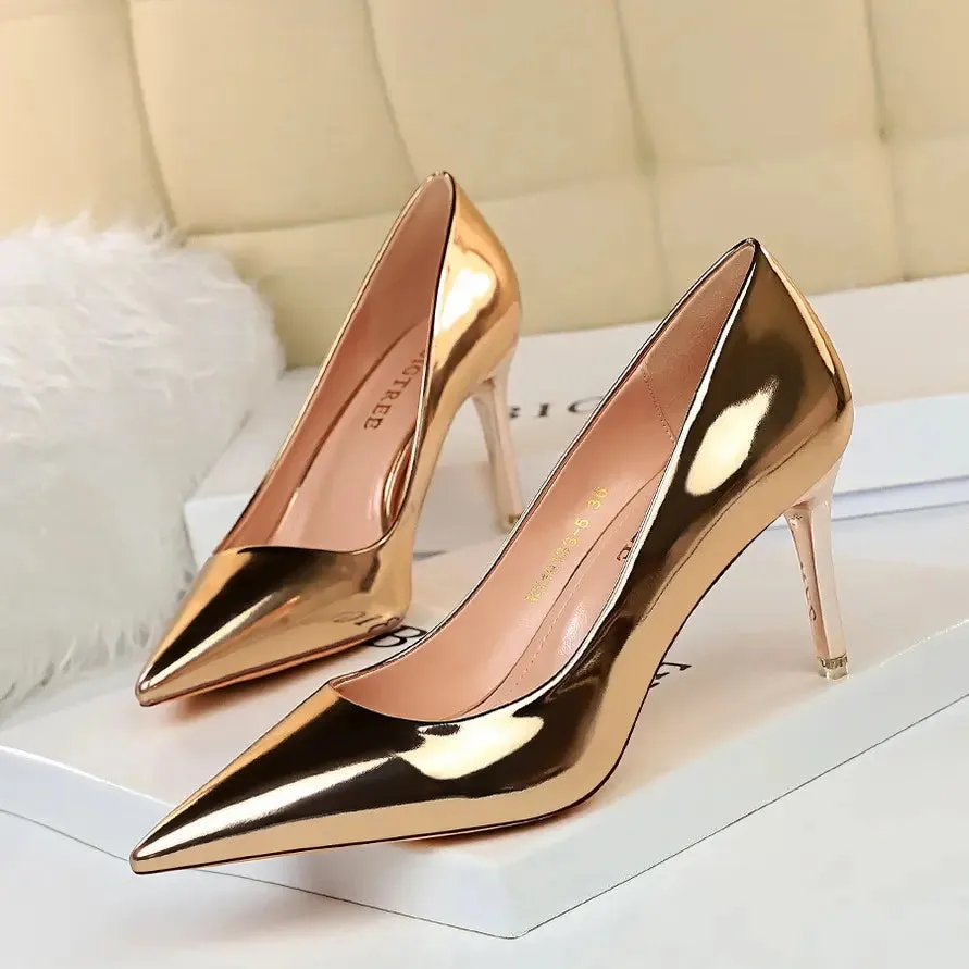 New Women Western Style Fashion Metal Sexy Club High Heels Slippers Simple Shallow Pointed Mouth Thin High Heel Sandals