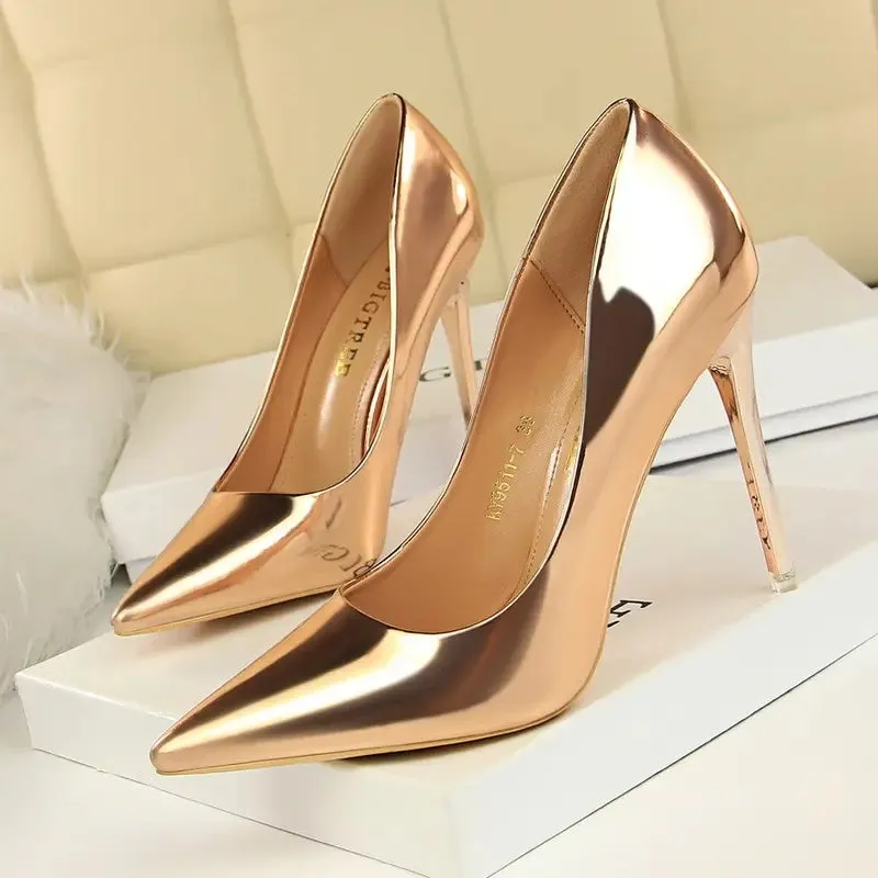 New Women Western Style Fashion Metal Sexy Club High Heels Slippers Simple Shallow Pointed Mouth Thin High Heel Sandals