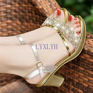 One Word Buckle Rhinestone Thick With Fish Mouth Shoes