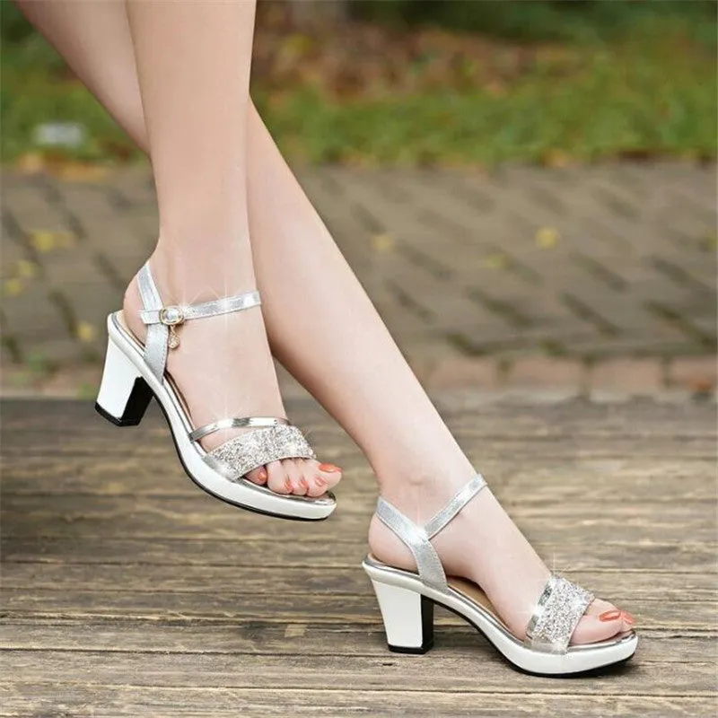 One Word Buckle Rhinestone Thick With Fish Mouth Shoes