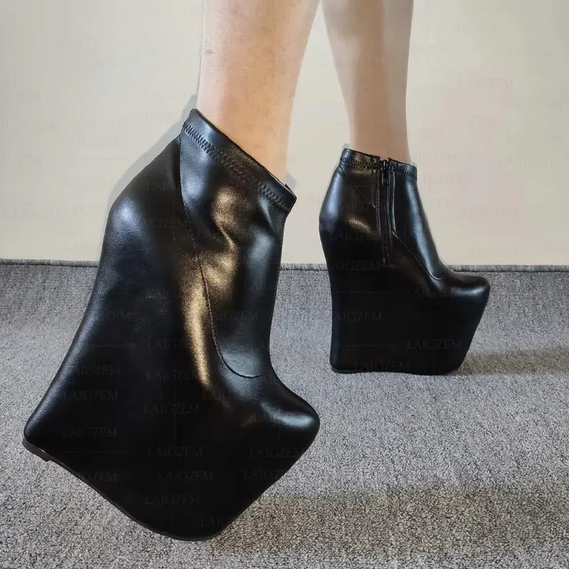 Platform Round Toe 20CM High Heels Side Zip Up Short Boots Club Ladies Shoes