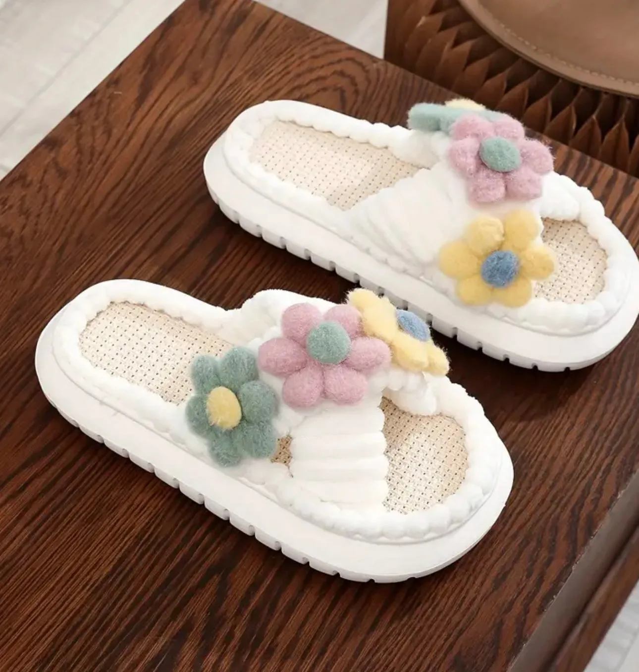 Plush and Cozy Flower Accented Open Toe Comfort Slip-On Slippers