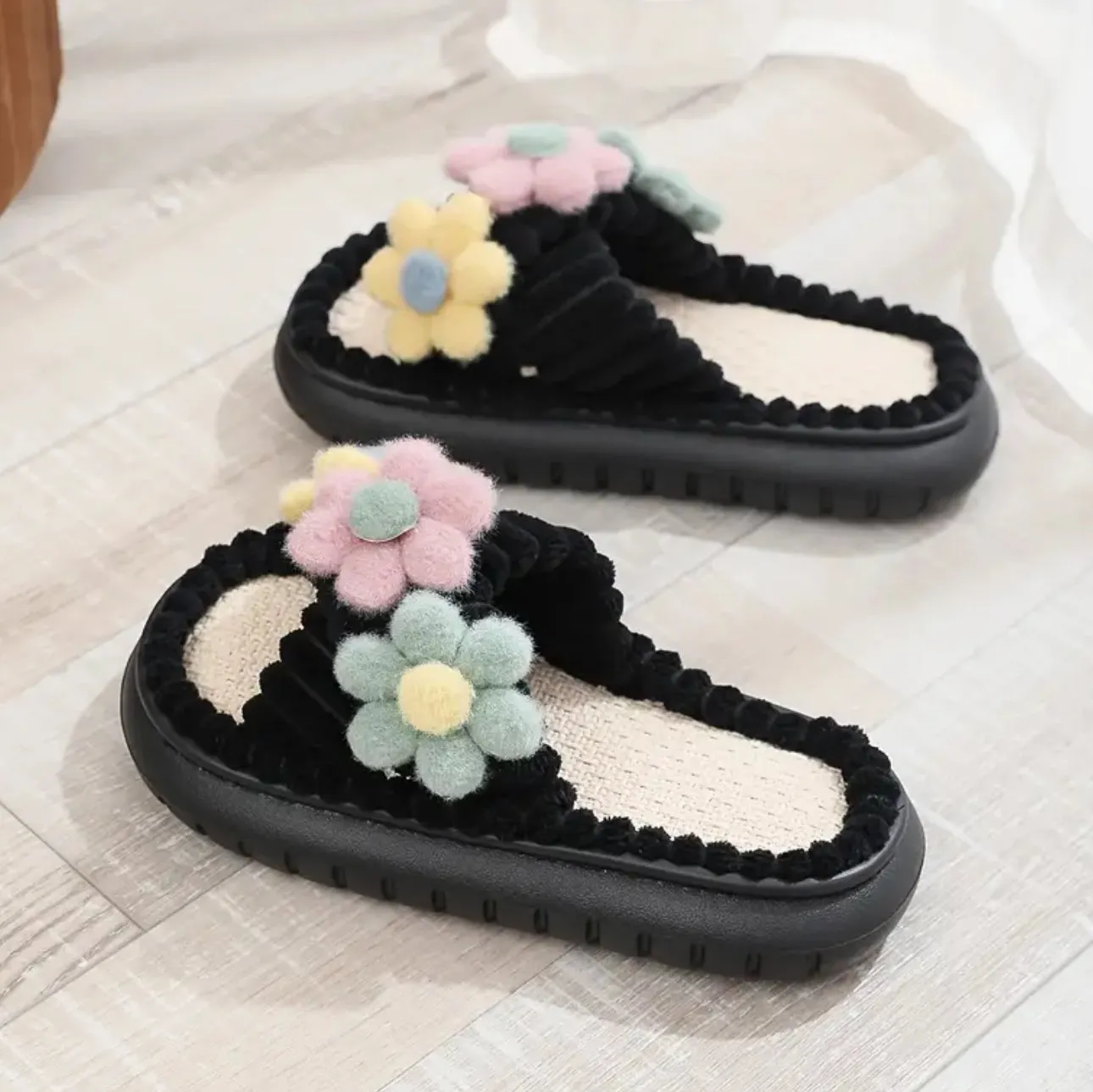 Plush and Cozy Flower Accented Open Toe Comfort Slip-On Slippers