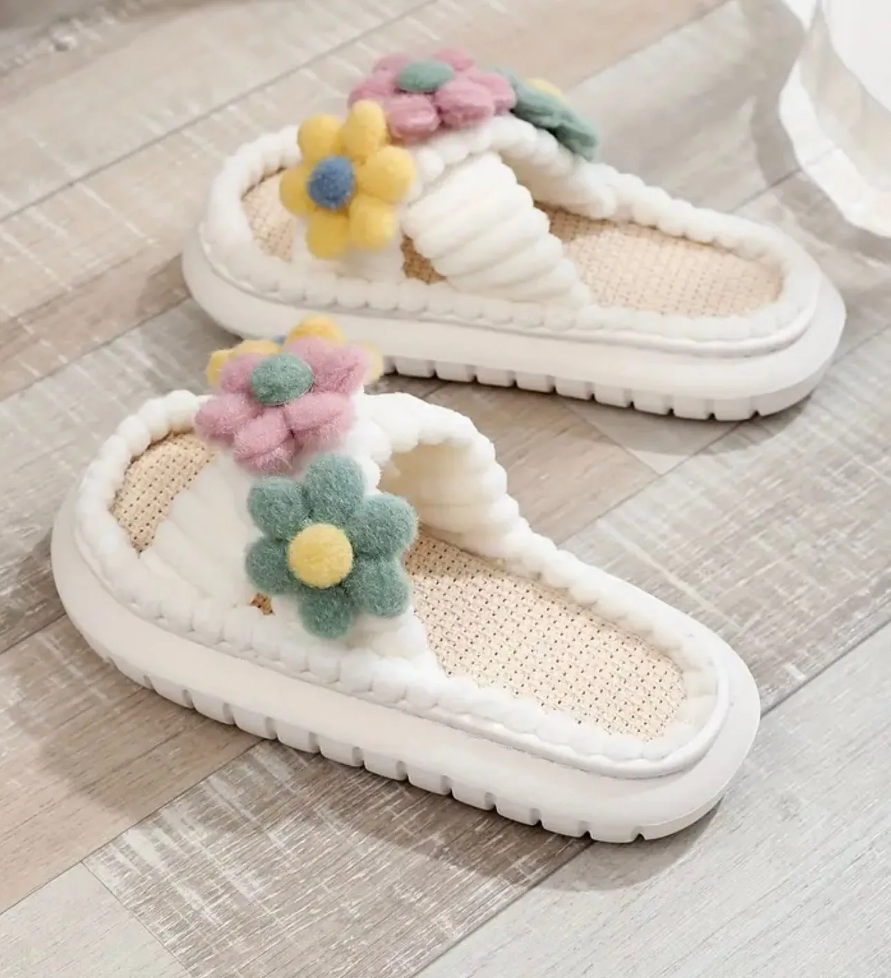 Plush and Cozy Flower Accented Open Toe Comfort Slip-On Slippers
