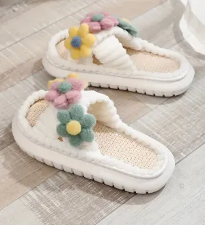 Plush and Cozy Flower Accented Open Toe Comfort Slip-On Slippers