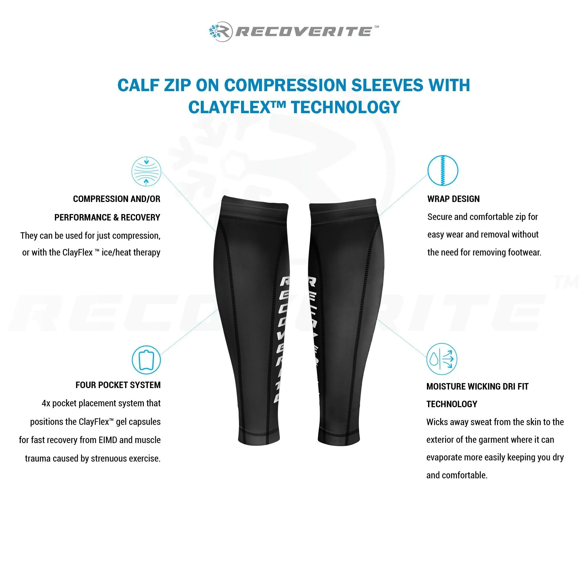 RECOVERITE - Zip On Calf Compression Sleeves with Ice/Heat Gel Packs