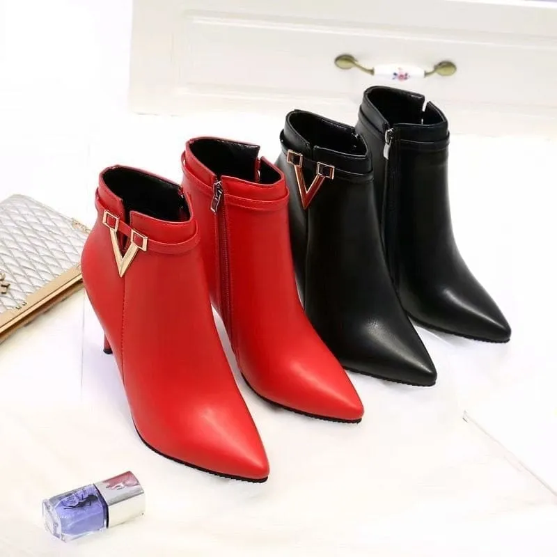 Sexy Thin High Heels Zipper Style Pointed Toe Faux Leather Ankle Boot