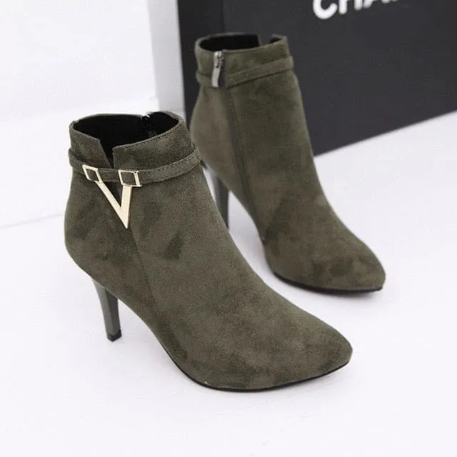 Sexy Thin High Heels Zipper Style Pointed Toe Faux Leather Ankle Boot
