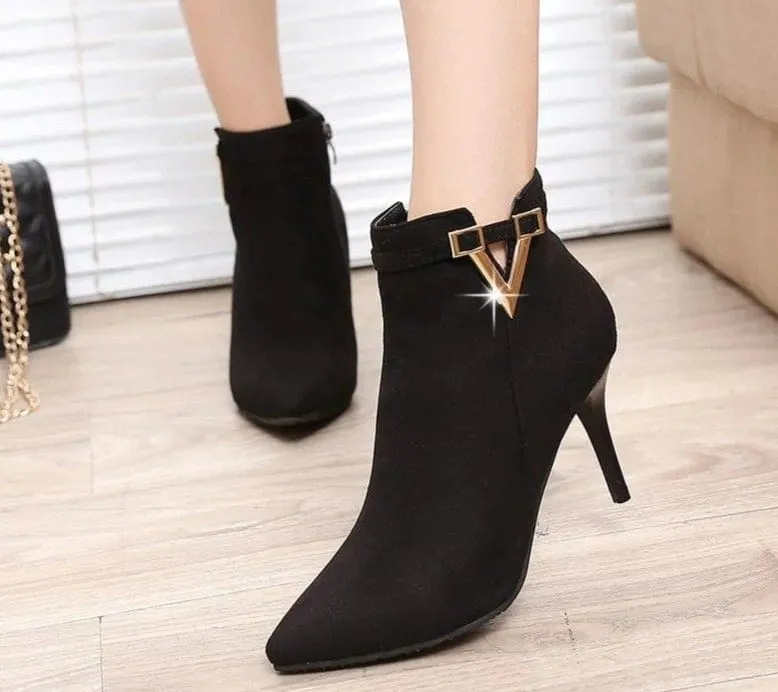 Sexy Thin High Heels Zipper Style Pointed Toe Faux Leather Ankle Boot