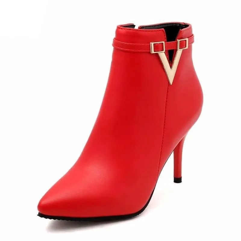 Sexy Thin High Heels Zipper Style Pointed Toe Faux Leather Ankle Boot