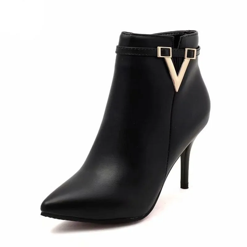Sexy Thin High Heels Zipper Style Pointed Toe Faux Leather Ankle Boot