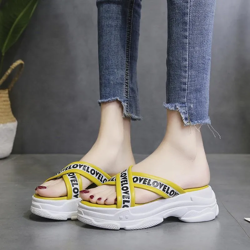 Slippers female lazy wear wild sandals summer muffin thick bottom slope with increased sandals