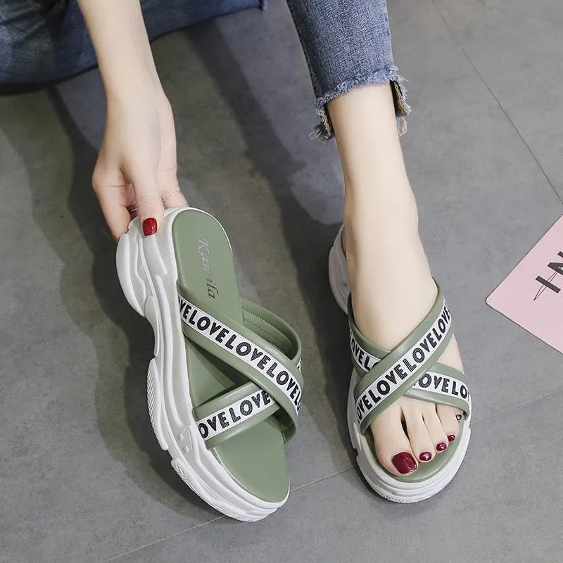 Slippers female lazy wear wild sandals summer muffin thick bottom slope with increased sandals