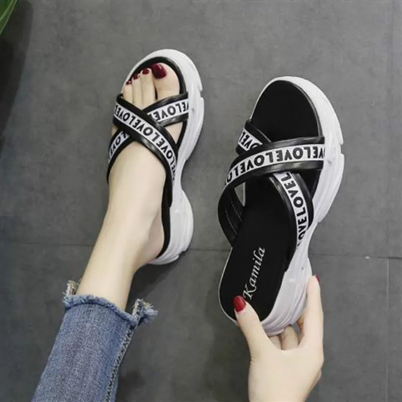 Slippers female lazy wear wild sandals summer muffin thick bottom slope with increased sandals