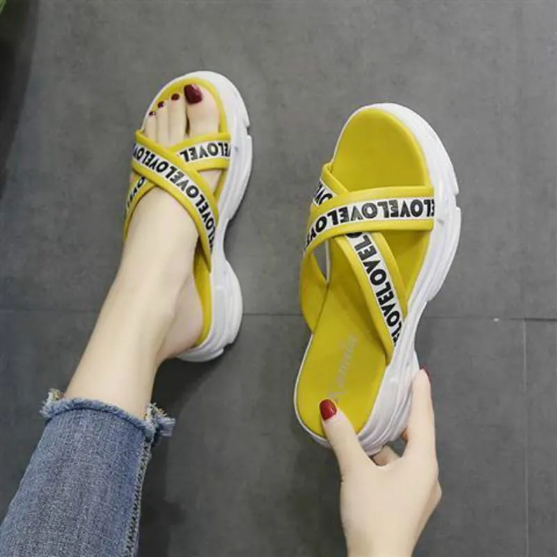 Slippers female lazy wear wild sandals summer muffin thick bottom slope with increased sandals