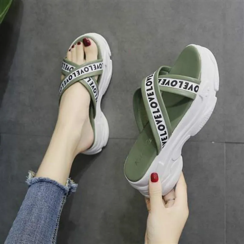 Slippers female lazy wear wild sandals summer muffin thick bottom slope with increased sandals