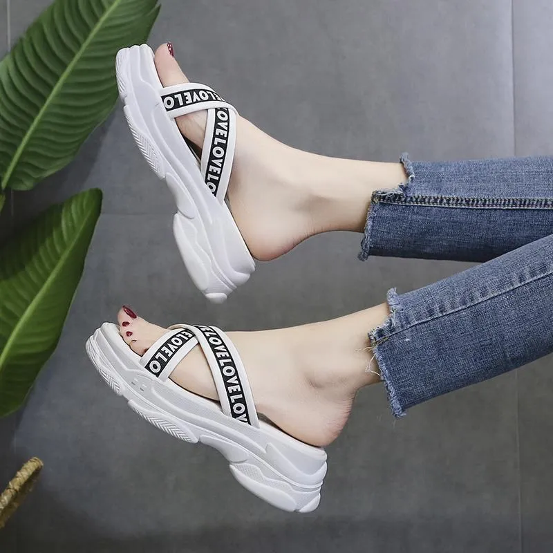 Slippers female lazy wear wild sandals summer muffin thick bottom slope with increased sandals